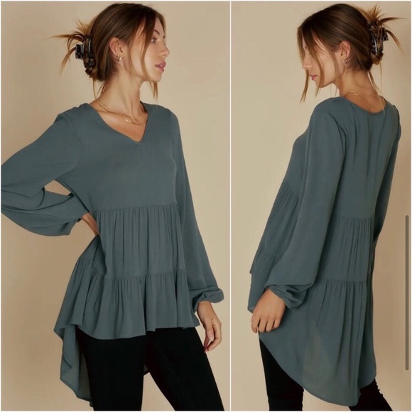 USA made dusty teal green women’s hi low tunic fall lightweight cute top - Picture 4 of 4